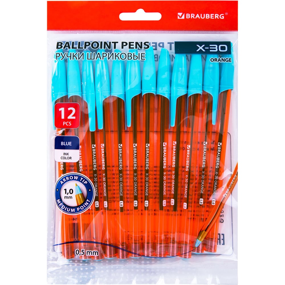 Изображение товара Ручки шариковые BRAUBERG X-30 ORANGE, 12 шт, СИНИЕ, узел 1мм, линия 0,5мм, 144334