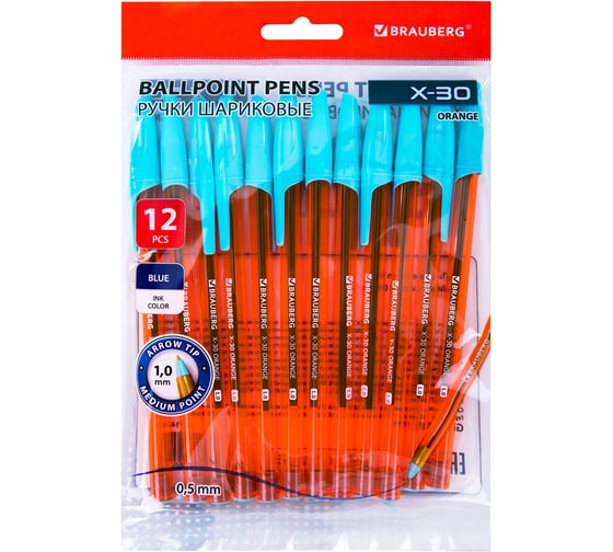 Изображение товара Ручки шариковые BRAUBERG X-30 ORANGE, 12 шт, СИНИЕ, узел 1мм, линия 0,5мм, 144334