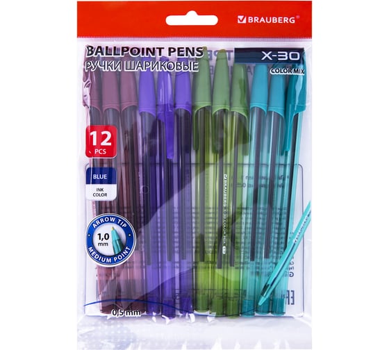 Изображение товара Ручки шариковые BRAUBERG X-30 COLOR MIX, 12 шт, СИНИЕ, узел 1мм, линия 0,5м, 144336