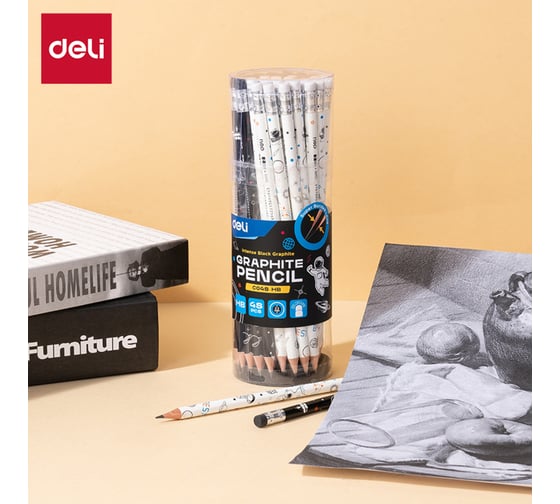 Изображение товара Набор карандашей графитовых DELI 48 шт в упаковке, твердо-мягкий, принт Daring mission, круглый корпус, толщина г, EC048-HB