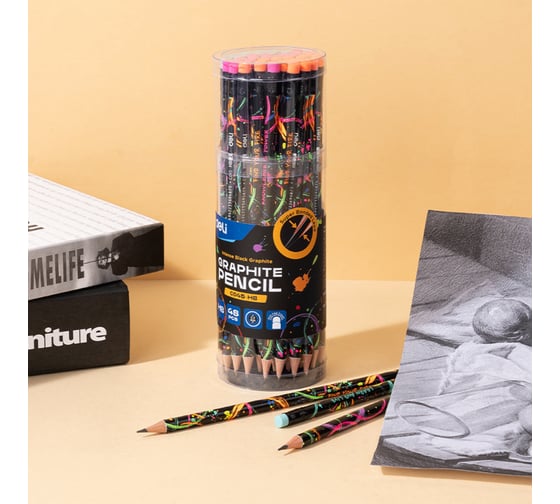 Изображение товара Набор карандашей графитовых DELI 48 шт в упаковке, твердо-мягкий, принт Ennovation texture, круглый корпус, EC045-HB