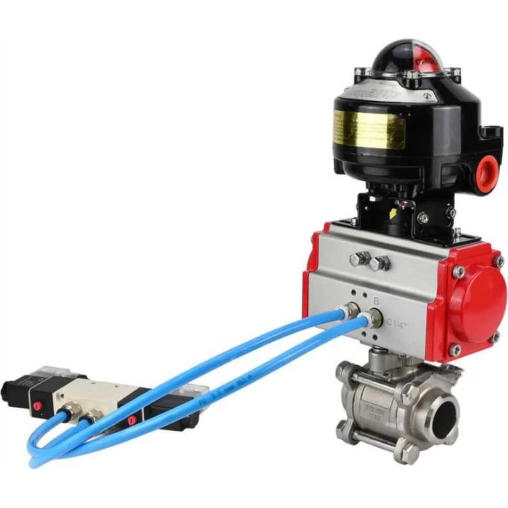 Изображение товара Кран DN.ru 316-316-PTFE-FP-W-ISO-H WDVF Ду20 Ру63 пневмопривод двухходовой разборный