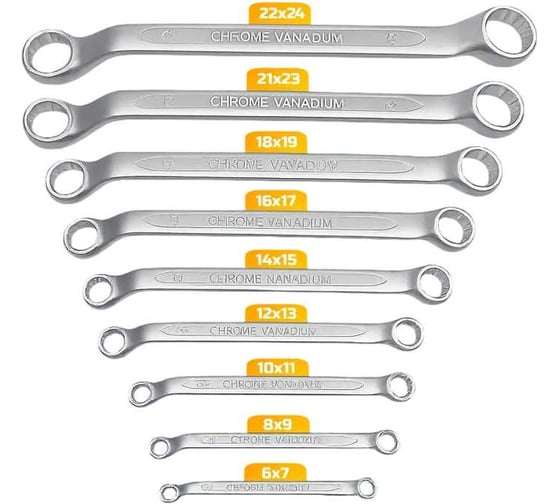 Изображение товара Набор ключей DINGQI 6-24 мм, 12 граней, сталь CrV с антикоррозийным покрытием, 9 штук 13109