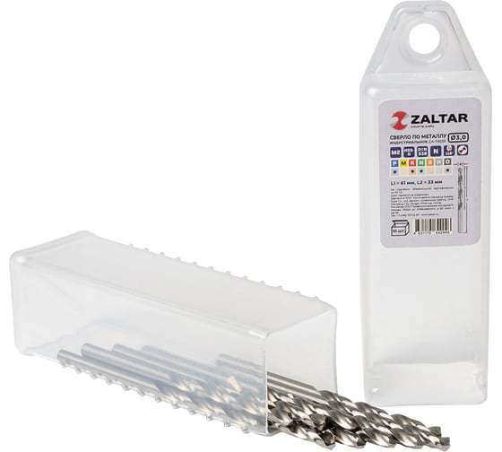 Изображение товара Сверло по металлу, индустриальное ZALTAR 10 шт, DIN 338, HSS-G, Тип N, 5xD, 3.00 мм ZA-73030-S10
