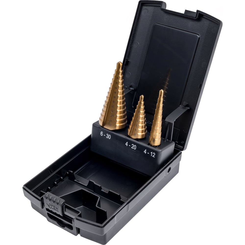 Изображение товара Набор сверл ступенчатых ZALTAR 3 пр. HSS TiN для металла, диаметры 4-30 мм