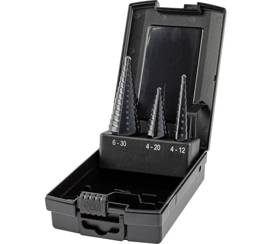 Изображение товара Набор сверл ступенчатых ZALTAR 3 пр., HSS TiAlN, Gr.1/2/3, 4-12, 4-20, 6-30 мм, прямая канавка, трехплоскостной хвостовик ZA-50071