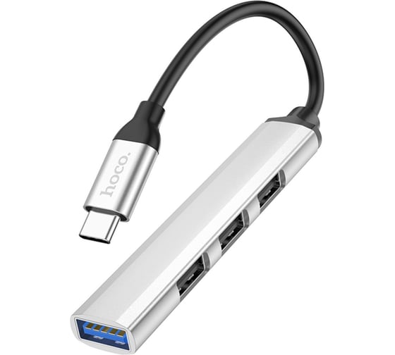 Изображение товара Разветвитель Hoco USB3.0/2.0 HB26, 3xUSB2.0, USB3.0, кабель Type-С 13см, серебристый алюминий, 6931474765475