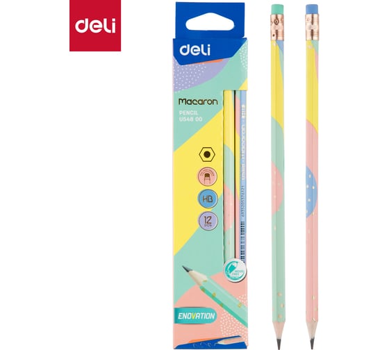 Изображение товара Набор карандашей графитовых DELI MACAARONS EU54800 HB шестигран. корпус ассорти ластик коробка с европодве, 72 шт, EU54800-1