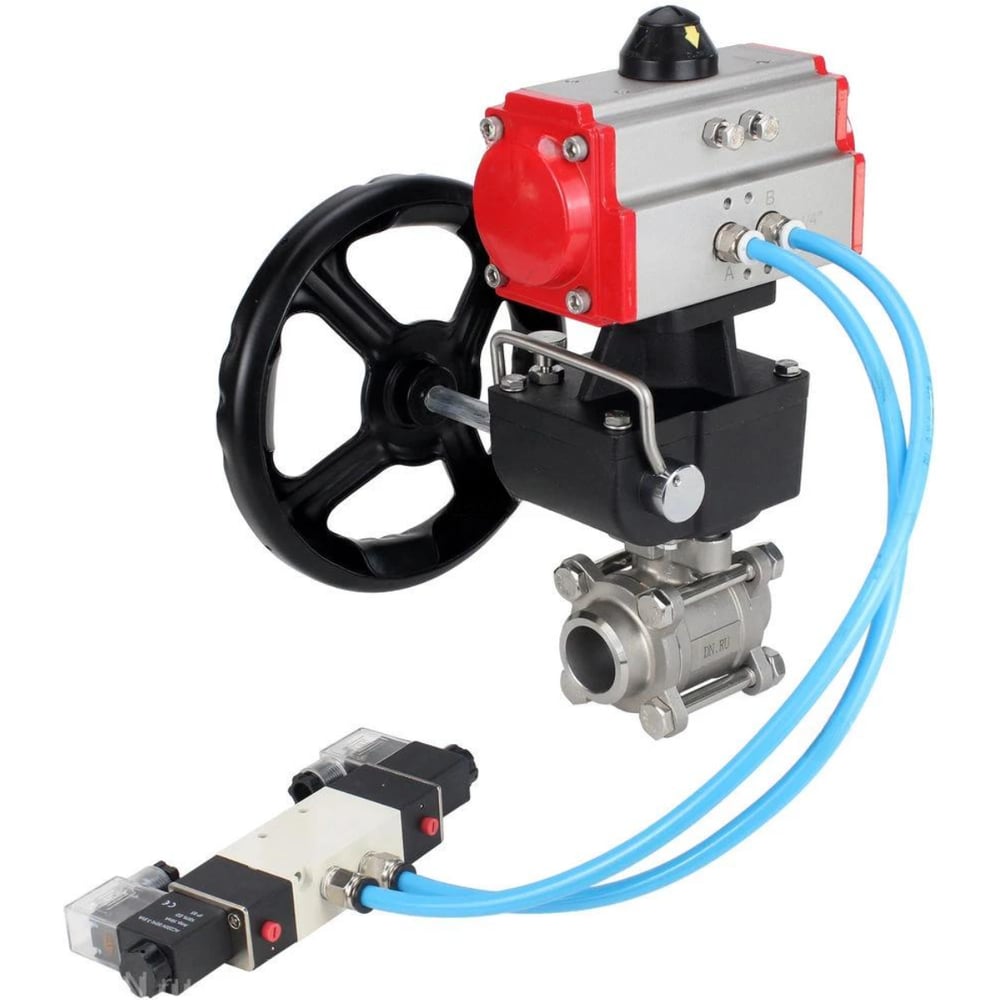 Изображение товара Кран DN.ru 316-316-PTFE-FP-W-ISO-H WDVF Ду32 Ру63 пневмопривод, разборный, нержавеющая сталь