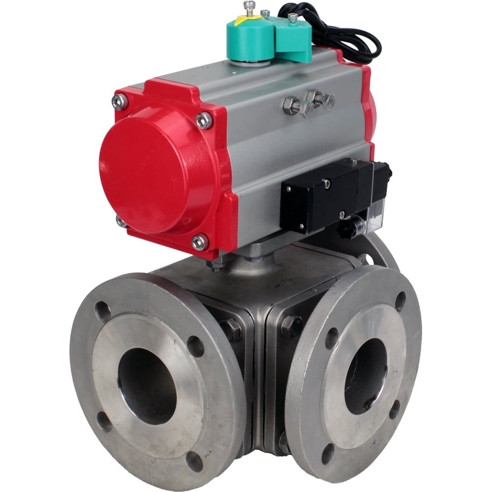 Изображение товара Кран шаровой DN.ru 316-316-PTFE Ду20 Ру16 фланцевый трехходовой нержавеющая сталь