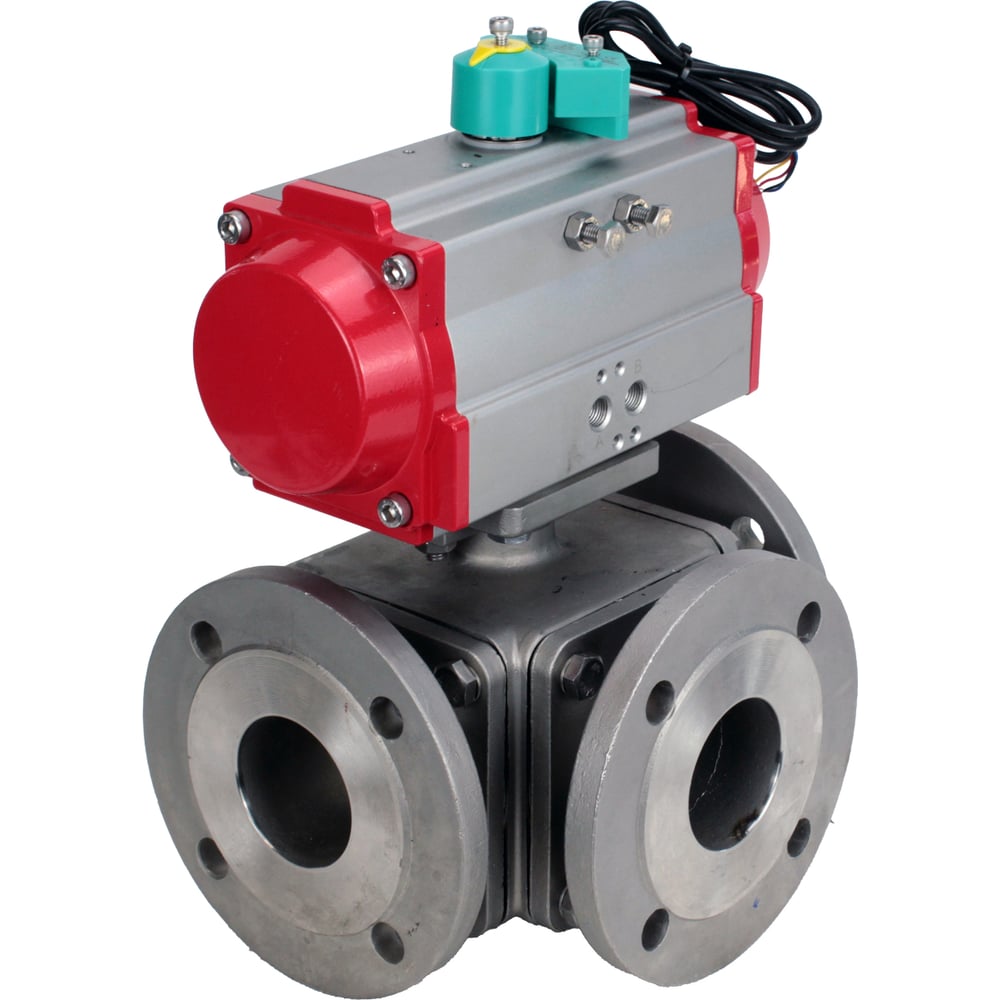 Изображение товара Кран шаровой DN.ru 316-316-PTFE L-тип Ду20 Ру16 фланцевый трехходовой