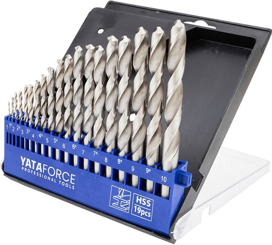 Изображение товара Набор сверл по металлу YATAFORCE HSS, 19 предметов (1/1.5/2/2.5/3/3.5/4/4.5/5/5.5/6/6.5/7/7.5/8/8.5/9/9.5/10мм), в пластиковом футляре YF-DBS19(60728)