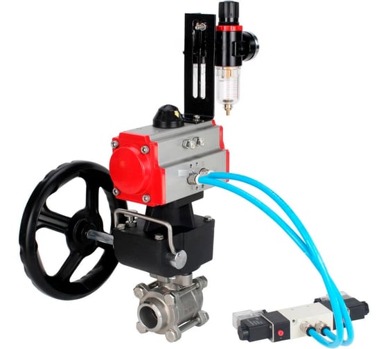 Изображение товара Кран DN.ru 316-316-PTFE-FP-W-ISO-H WDVF Ду25 Ру63 пневмопривод, пневмораспределитель, дублёр, БПВ D160-69143