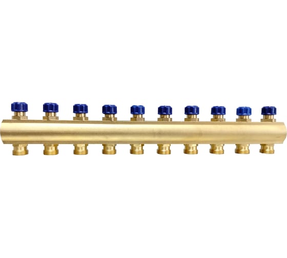 Изображение товара Коллектор латунный Апогей КЛА 2510.050-4-ВКМ(С) DN25 ВР1 м/о 50 мм, НР3/4ЕК, с вентилями коллекторными, с синим маховиком, на 10 выходов 410434