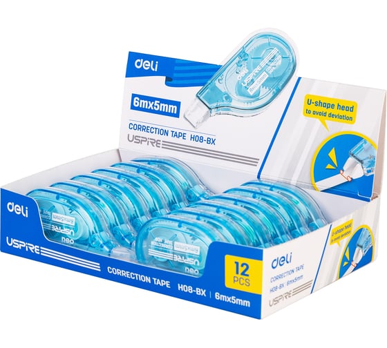 Изображение товара Набор корректирующих лент DELI 6мx5мм голубой пластик корпус (12 шт. в наборе) EH08-BX