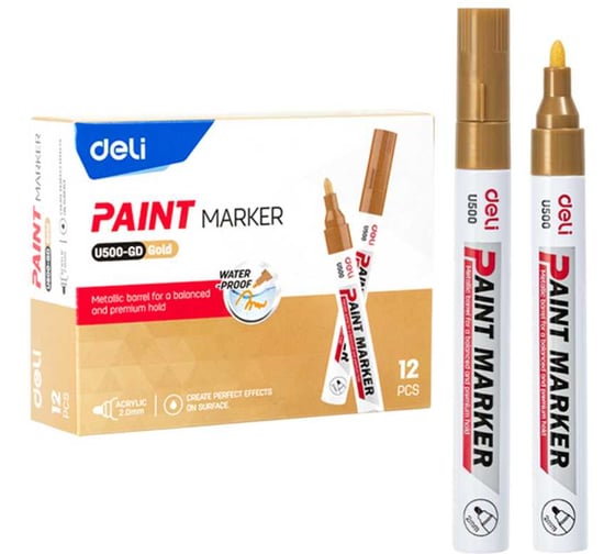 Изображение товара Набор маркер-краска DELI нитро основа, пулевидный наконечник 2 мм, цвет золотой (12 шт. в наборе) EU500-GD