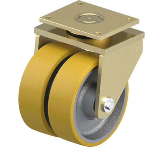 Изображение товара Большегрузные сдвоенные колеса тяжёлой серии с контактным полиуретановым слоем на стальной панели с поворотным узлом, основание колеса из чугуна "КубаньЛитМаш" LSD-GTH 304K