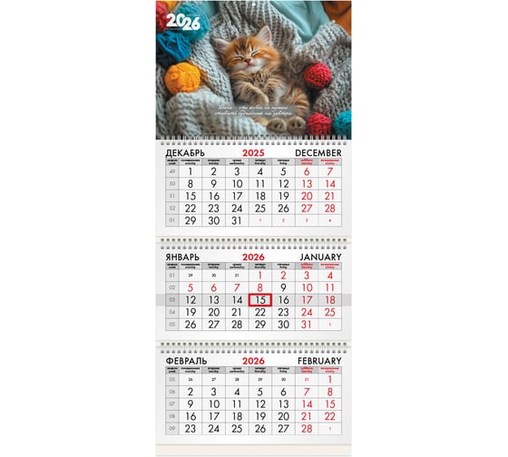Изображение товара Календарь квартальный BRAUBERG 2026г, 3 блока 3 гребня бегунок, мел. бум, Котенок 116805