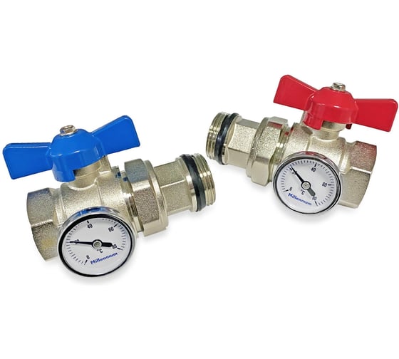 Изображение товара Комплект шаровых кранов Millennium с термометром для коллектора 1" наружная/внутренняя резьба KTSK0010