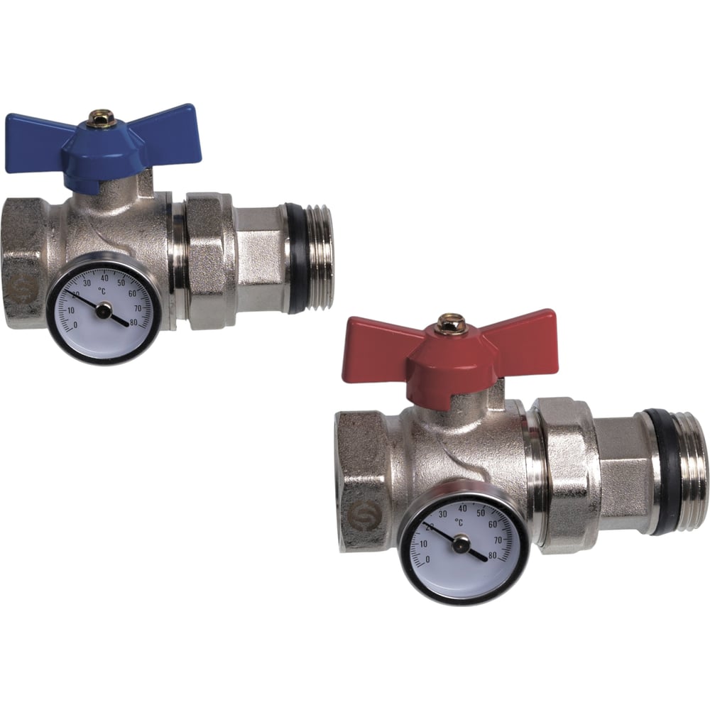 Изображение товара Комплект прямых шаровых кранов SUNFLY с термометром 25 мм полупрофессиональный