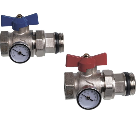 Изображение товара Комплект прямых коллекторных шаровых кранов SUNFLY с термометром 1 (83270-1) SF0343396
