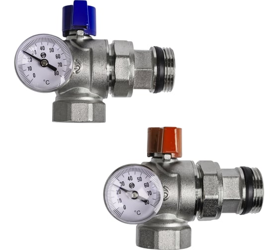 Изображение товара Комплект угловых коллекторных шаровых кранов SUNFLY с термометром 1 (83273-1) SF0343280