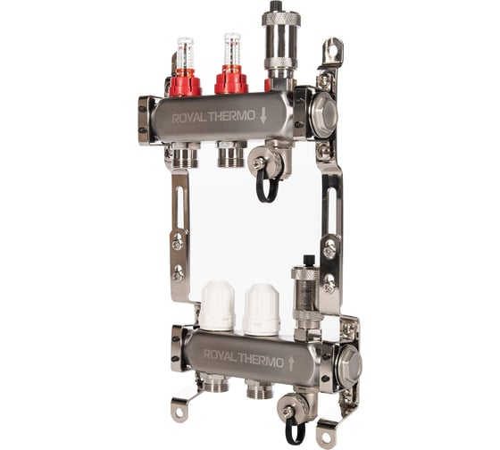 Изображение товара Коллектор нержавеющий в сборе с расходомерами ROYAL THERMO 1 ВР-3/4 НР с автоматоматическими воздухоотводами, 2 выхода НС-1665623