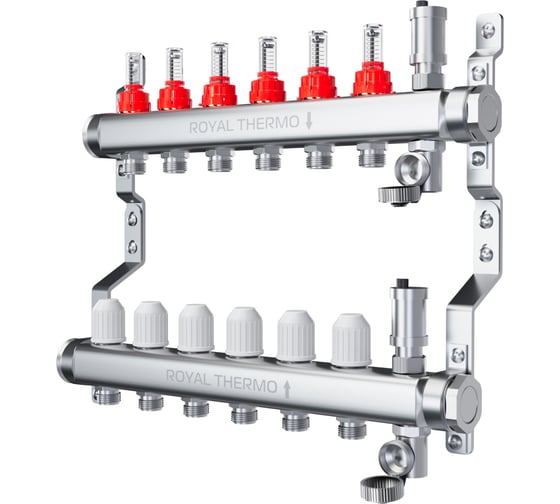 Изображение товара Коллектор нержавеющий в сборе с расходомерами ROYAL THERMO 1 ВР-3/4 НР с автоматоматическими воздухоотводами, 9 выходов НС-1665630