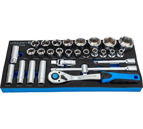 Изображение товара Набор инструментов HOEGERT TECHNIK с трещоткой 1/2 28 шт., ложемент EVA HT7G149