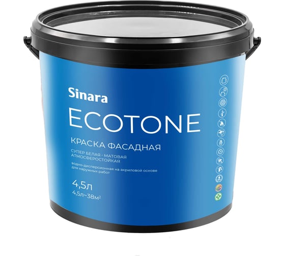 Изображение товара Фасадная краска для наружных работ Sinara Ecotone супер белая, База А, матовая, атмосферостойкая, водно-дисперсионная на акриловой основе, 4.5л SP 063