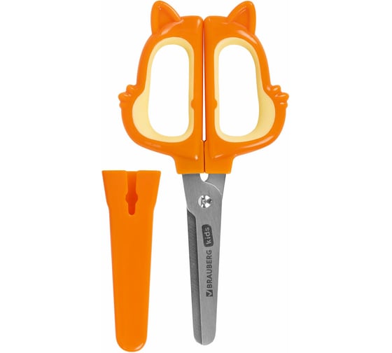 Изображение товара Ножницы BRAUBERG 130 мм, фигурные рукоятки с резиновыми вставками Белочка, с чехлом,  24 шт 238353