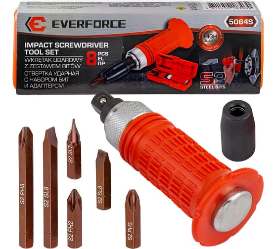 Изображение товара Отвертка ударная с набором бит и адаптером EVERFORCE 8 предметов EF-5064S(62234)