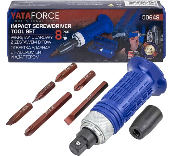 Изображение товара Отвертка ударная с набором бит и адаптером YATAFORCE 8 предметов YF-5064S(62233)