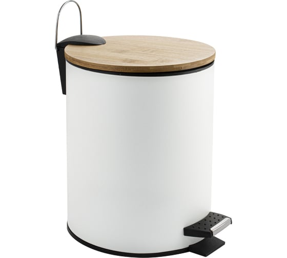 Изображение товара Ведро из нержавеющей стали САНАКС с педалью, круглое, 5 литров, крышка бамбук, белое 1555