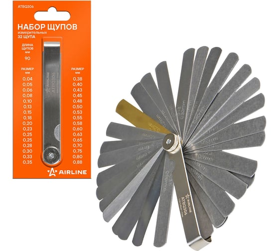 Изображение товара Щуп измерительный Airline 32 предмета, 0.04-0,88мм, L-90мм, стальной корпус, блистер ATBQ306