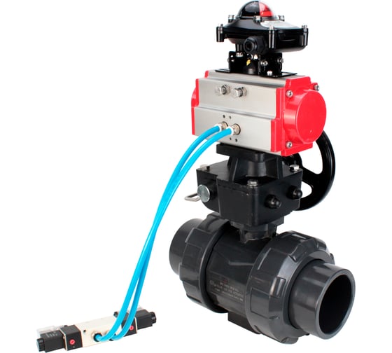 Изображение товара Кран шаровой НПВХ-НПВХ-E-FP-GRM-ISO Ду25 Ру10 DN.ru с пневмоприводом, пневмораспределителем, БКВ, ручным дублером D160-67192