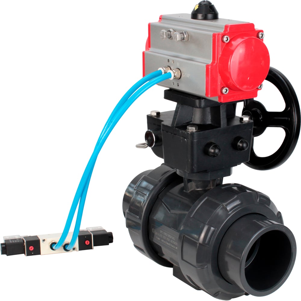 Изображение товара Кран шаровой DN.ru НПВХ-НПВХ-E-FP-GRM-ISO Дн25 Ру10 пневмопривод