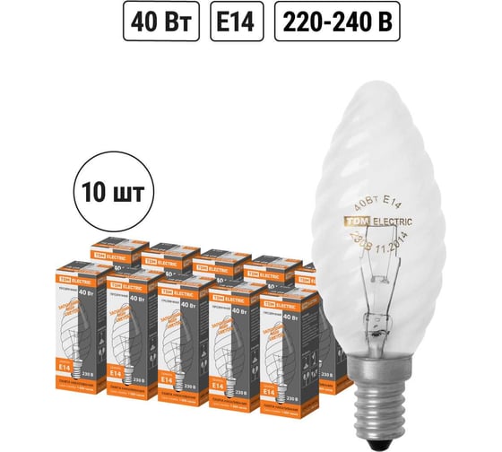 Изображение товара Лампа накаливания TDM ELECTRIC 10шт/упаковка "Витая свеча" прозрачная 40 Вт-230 В-Е14 SQ0332-0013