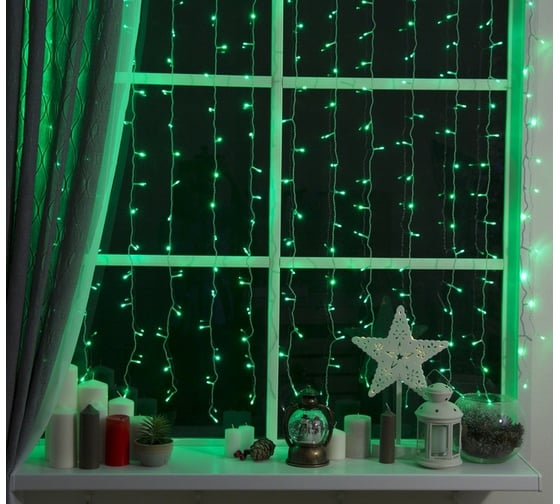 Изображение товара Занавес Luazon ECO IP20, УМС вилка, 2х1.5 м, Н.С. LED-360-220V, 8 режимов, зеленый 1080465