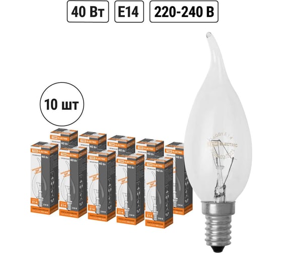 Изображение товара Лампа накаливания TDM ELECTRIC 10шт/упаковка "Свеча на ветру" прозрачная 40 Вт-230 В-Е14 SQ0332-0015