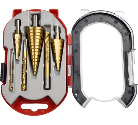 Изображение товара Набор ступенчатых фрезеровальных конусных сверл Альфадиск по металлу, дереву и пластику из 6 предметов в кейсе 543477