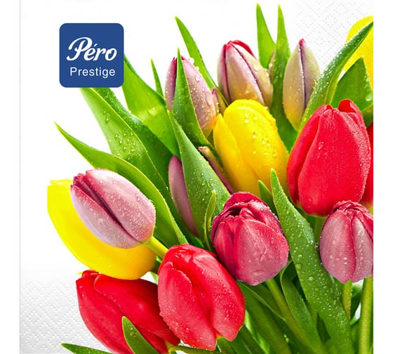 Изображение товара Салфетки бумажные сервировочные Pero Prestige Весенние цветы, с рисунком, трехслойные, 20 шт 254971