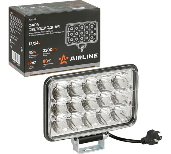 Изображение товара Фара светодиодная прямоугольная Airline 15LED, направленный свет (Ближний/Дальний), 45Вт, 165x108x74мм, 12/24В, PRO ALED127