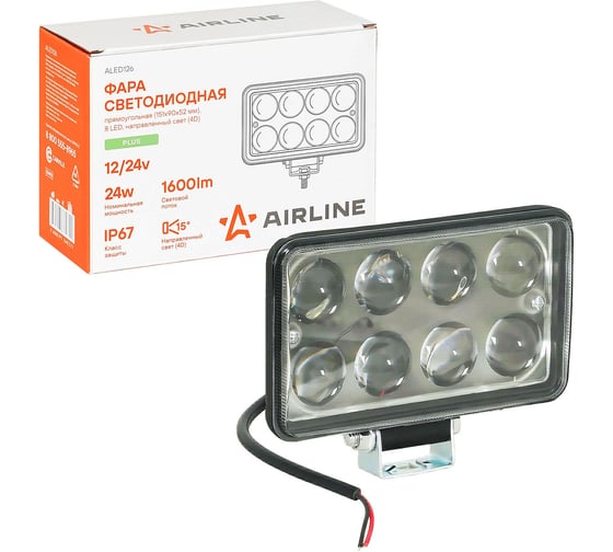 Изображение товара Фара светодиодная прямоугольная Airline 8LED, направленный свет (4D линза), 24Вт, 151x90x52мм, 12/24В, PLUS ALED126