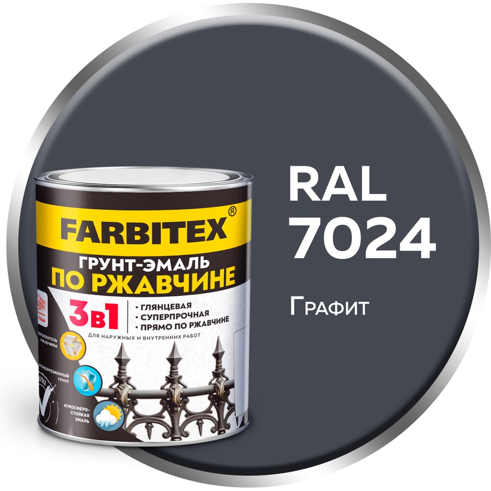Изображение товара Грунт-эмаль по ржавчине 3в1 Farbitex графит 7024 1.8 кг для металла и дерева