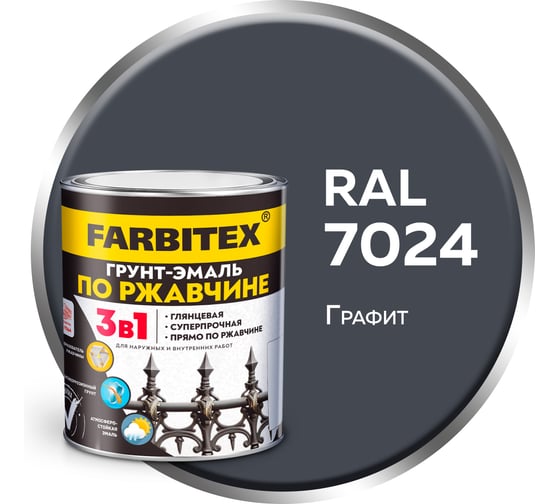 Изображение товара Грунт-эмаль по ржавчине 3в1 Farbitex графит 7024, 1.8 кг 4300016440