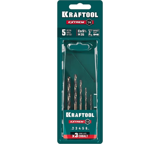 Изображение товара Набор сверл по металлу KRAFTOOL Impact Ready НЕХ-1/4, 5 шт, для винтовертов и шуруповертов 29652-H5