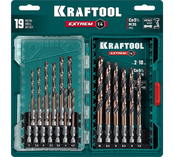 Изображение товара Набор сверл по металлу KRAFTOOL Impact Ready НЕХ-1/4, 19 шт, для винтовертов и шуруповертов 29652-H19