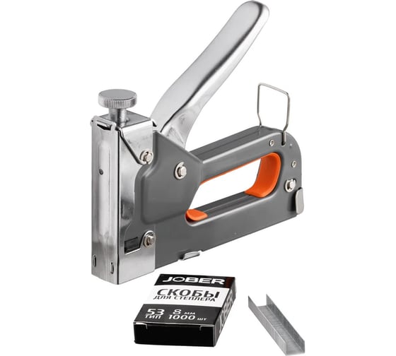 Изображение товара Степлер строительный с регулируемым ударом Jober тип скобы 53, 4-14мм, c набором скоб 8 мм, 1000 шт 391002
