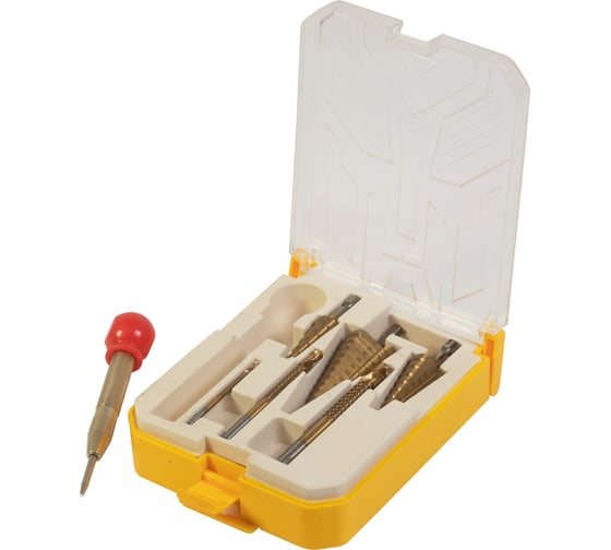 Изображение товара Набор многофункциональный с зенкером Skole (SS4) сверло ступенчатое 4-12, 4-20, 4-32, кернер, сверла фрезеровальные 3/6/8 мм (7шт/упаковка) SS4-7